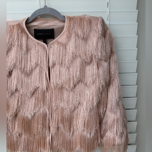 BCBG MAXAZRIA Women's Pink Jaxon Crochet Fringe Cropped Jacket Blazer Shaggy XS - Picture 6 of 15